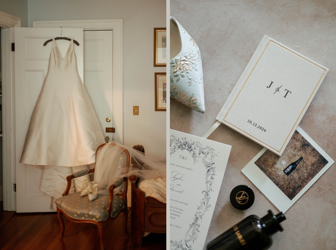 A wedding dress hanging on the back of a closet door at Gramercy Mansion
