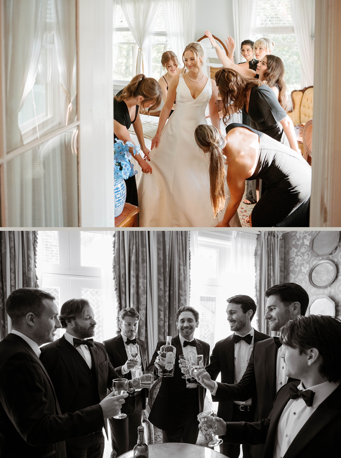 Bridesmaids in black dresses help a bride fix her veil
