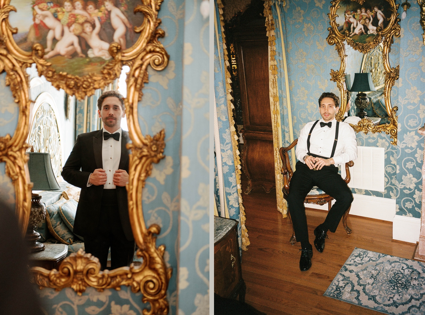 Groom portraits in a blue wallpapered room in the Grammercy Mansion