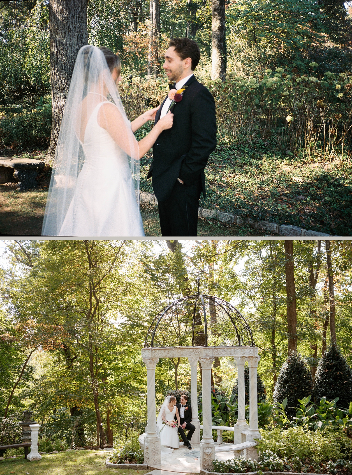 Bride and groom portraits in the Gazebo in the gardens at Grammercy Mansion