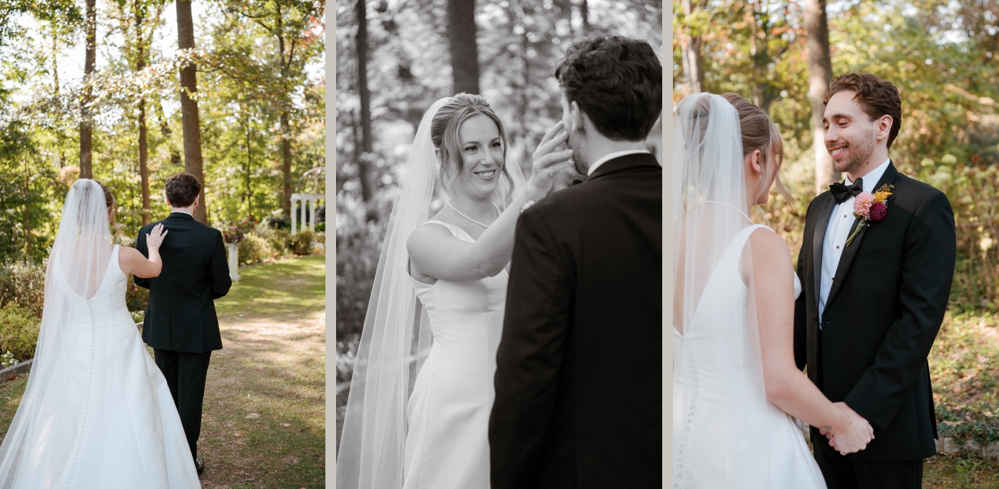 A bride and groom have thier first look in the gardens at Grammercy Mansion in Stevensville, Maryland