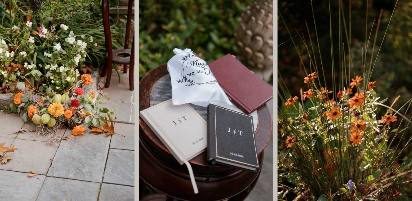 Autmnal florals on either side of an altar with vow booklets