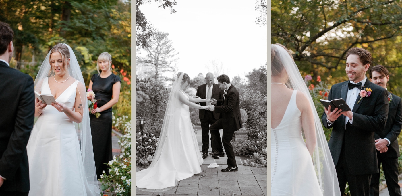A bride and groom read their vows, and the groom crushes glass under his foot to end the ceremony