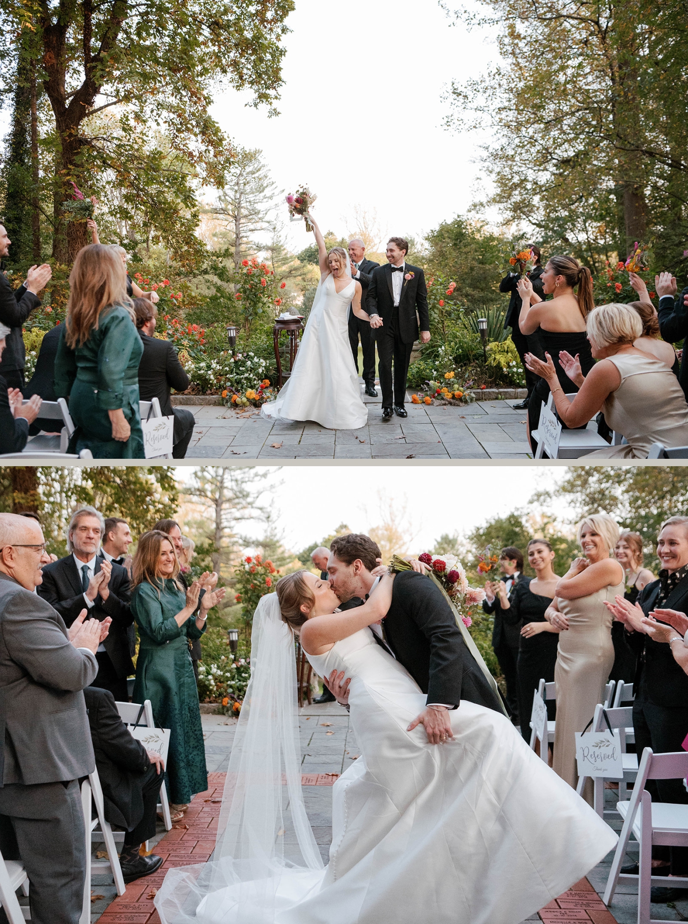 A groom dips and kisses the bride while thier wedding guests cheer