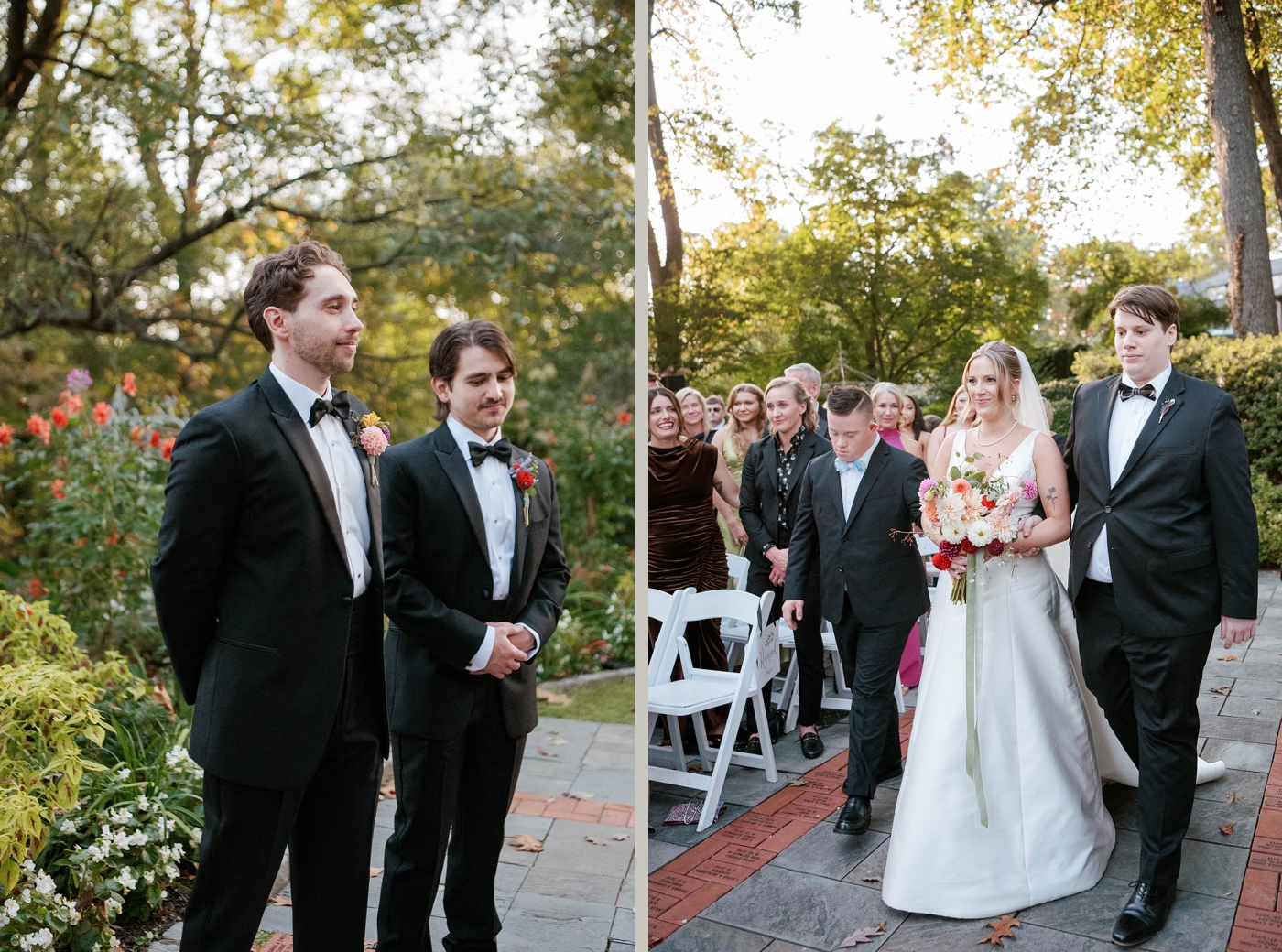 A bride walks down the aisle on the arms of two brothers