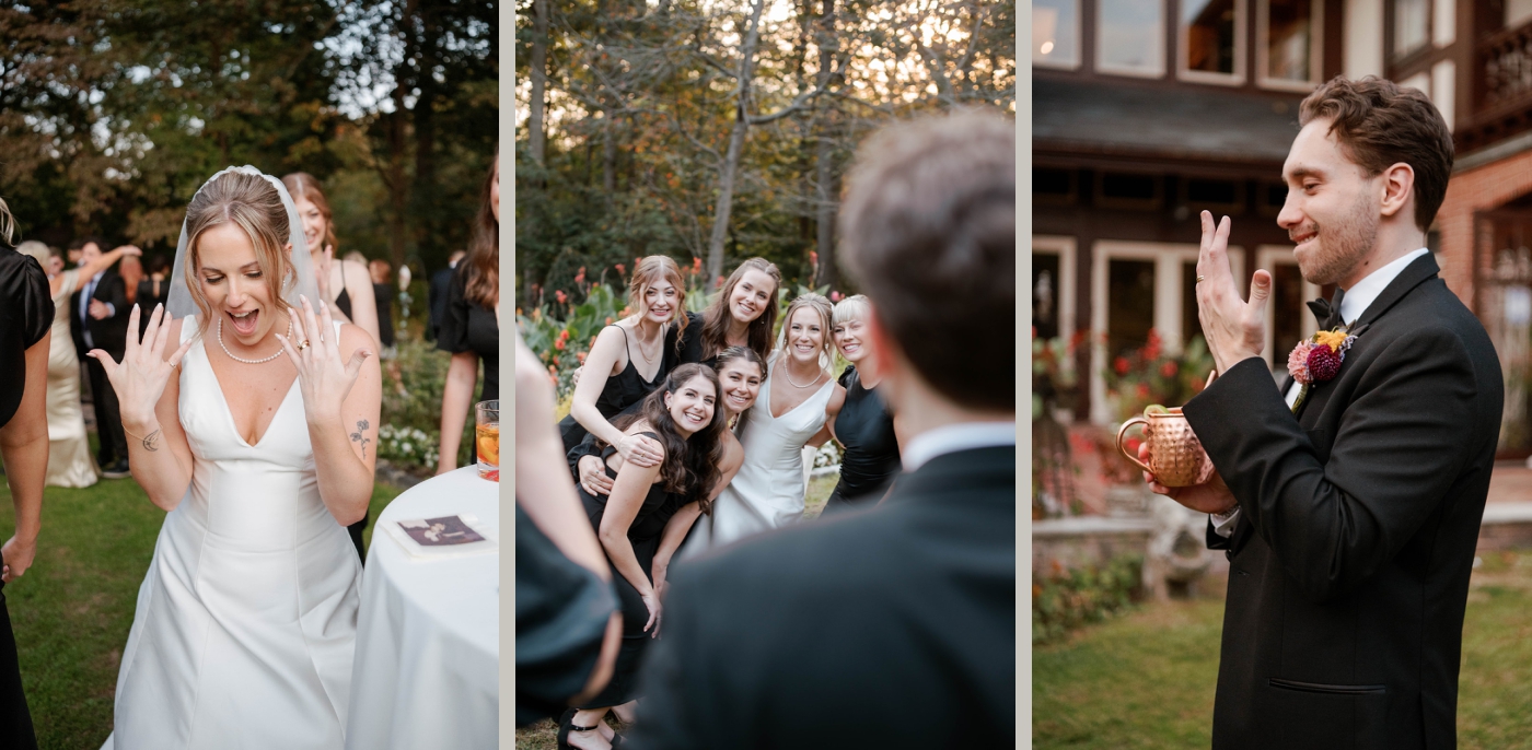 A bride and groom greet their guests during cocktail hours
