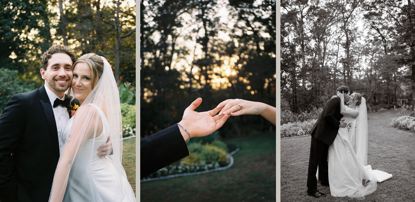 Bride and groom sunset portraits in the gardens at Grammercy Mansion