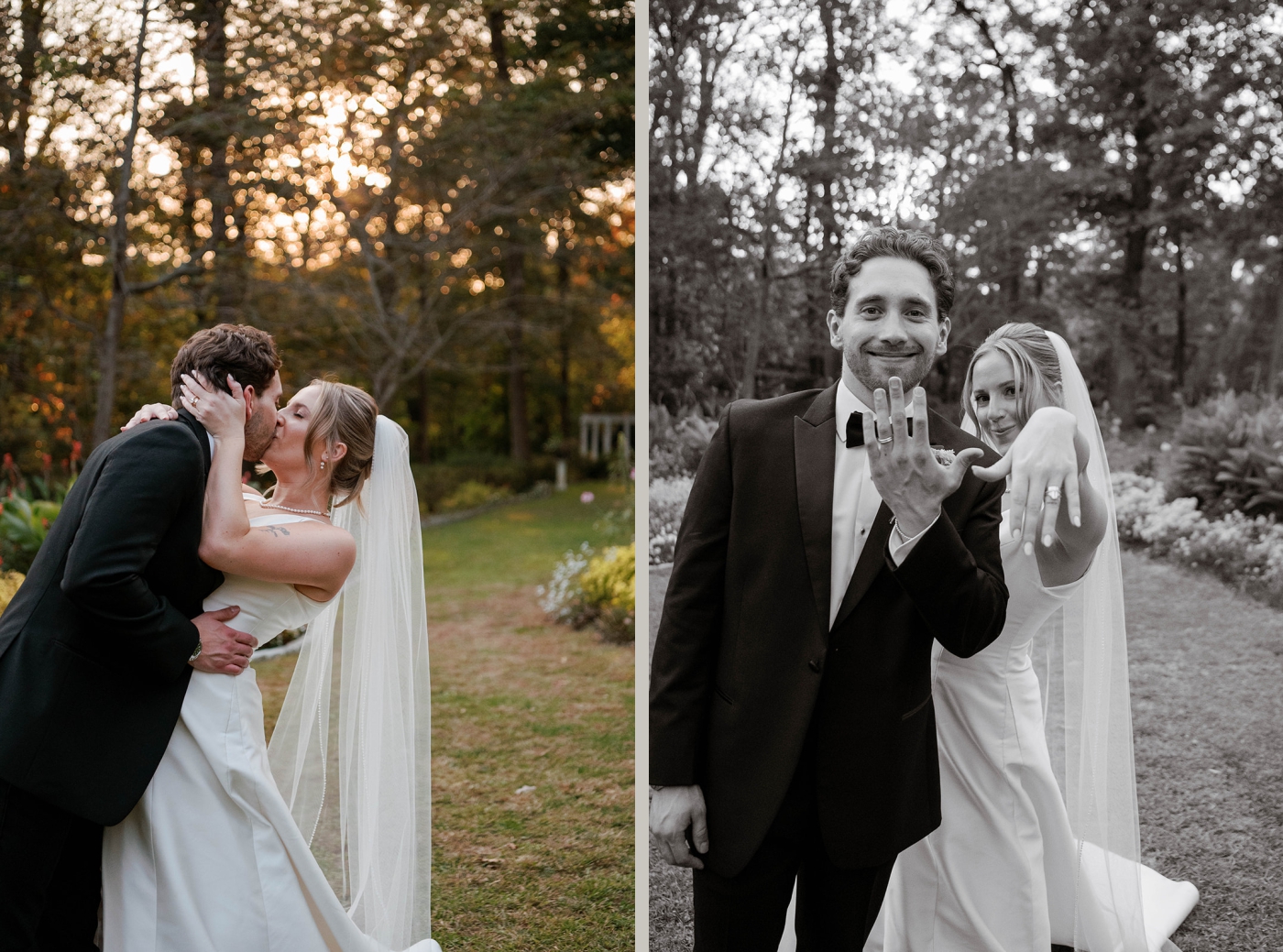 A bride and groom show off their wedding rings