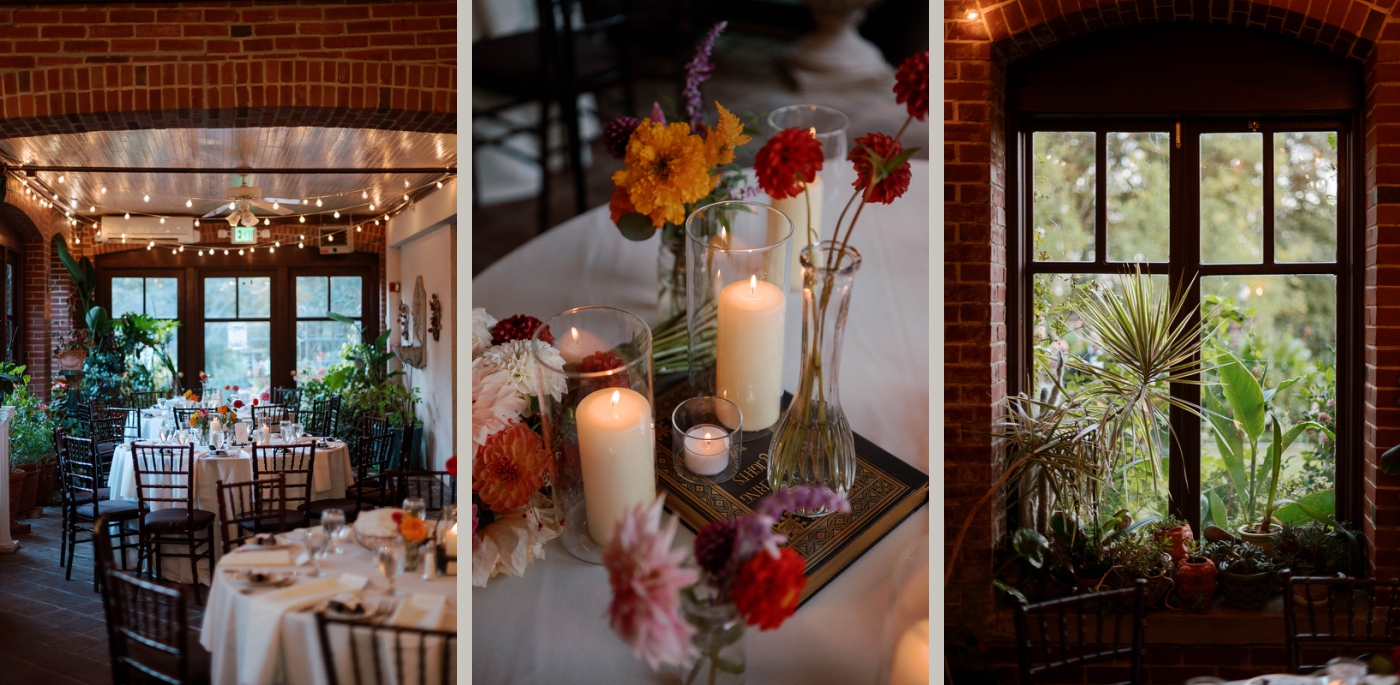 A centerpiece with vibrant flowers and pillar candles