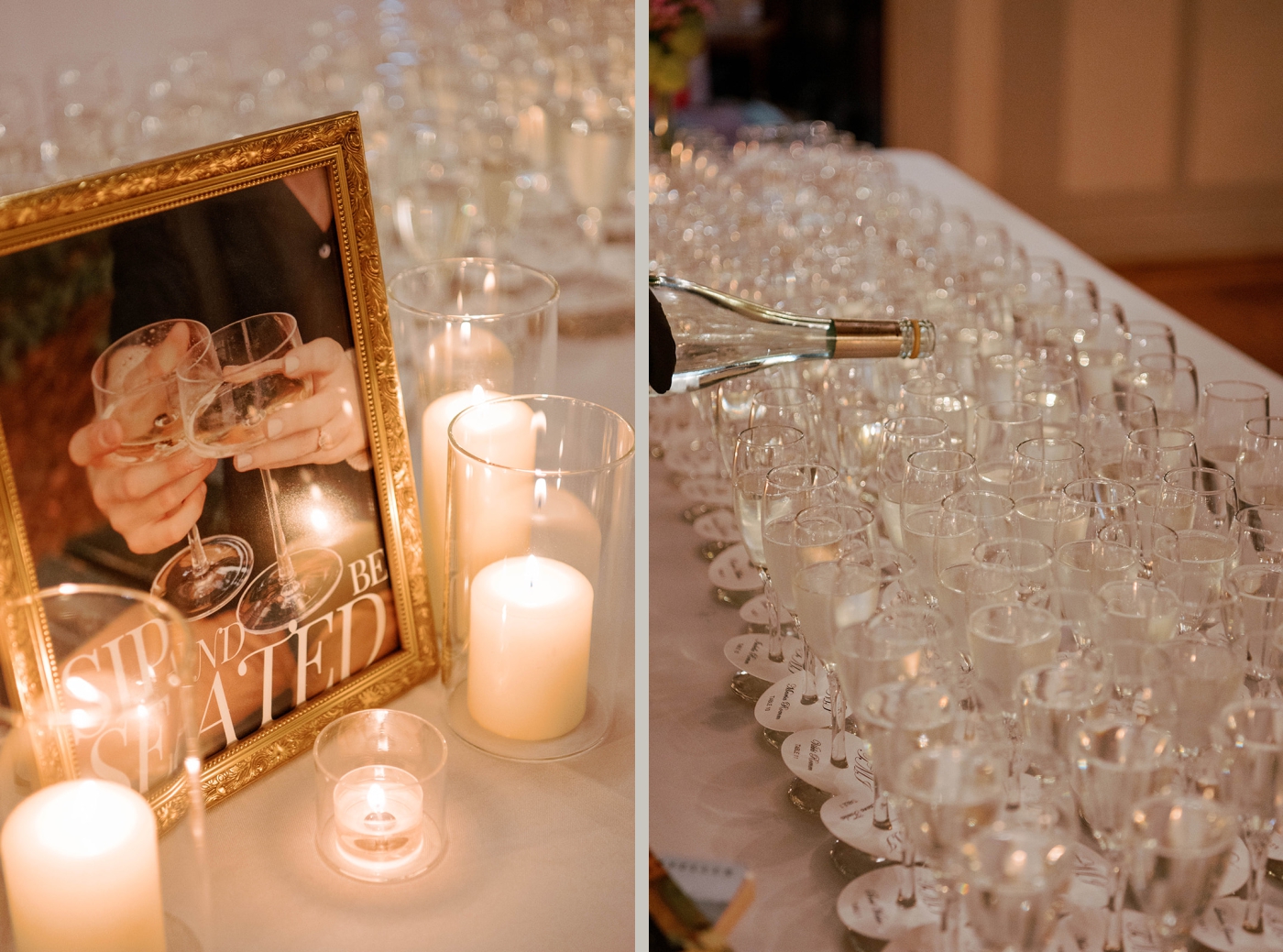 Champagne glasses with seating numbers on the stem
