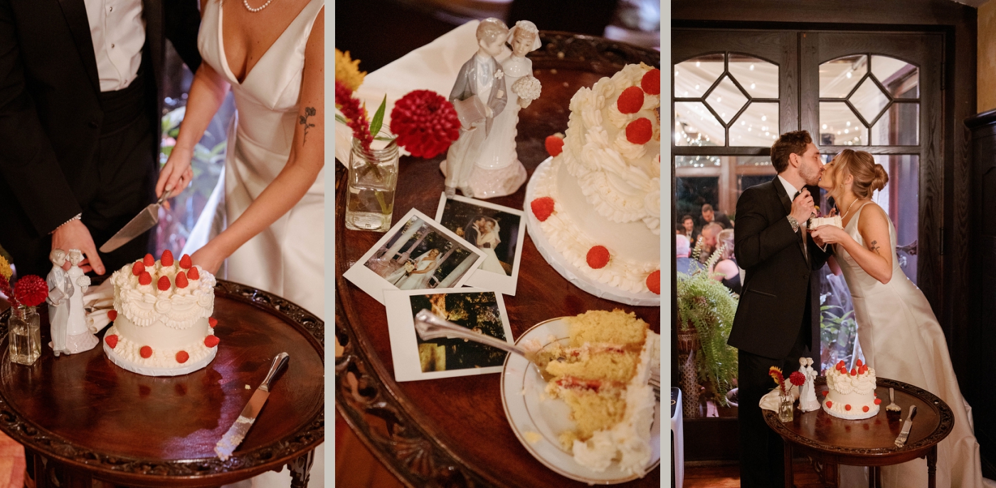 A bride and groom cut a small white cake with raspberries 