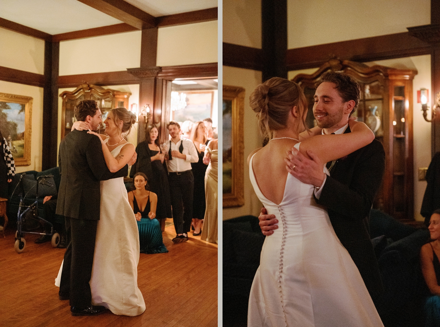 A bride and groom share their first dance in the Green Room of the Grammercy Mansion