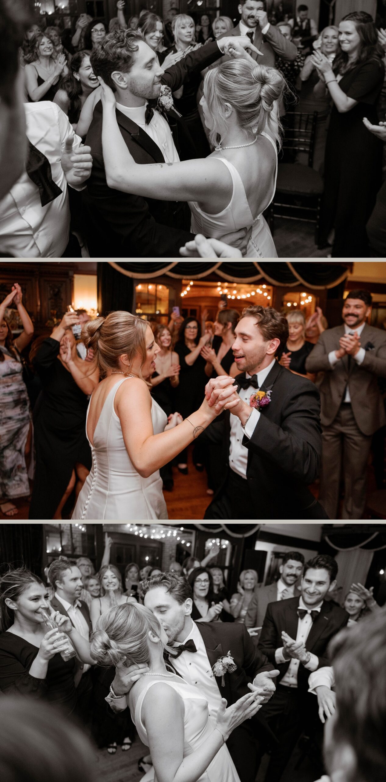 Black and white film photos of a bride and groom on the dance floor at their wedding reception 
