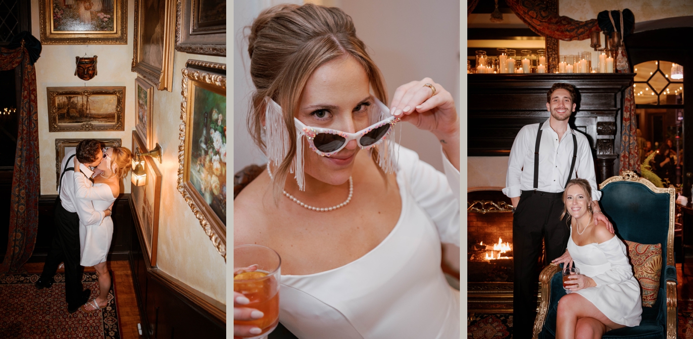 A bride changes into a reception dress with off the shoulder long sleeves