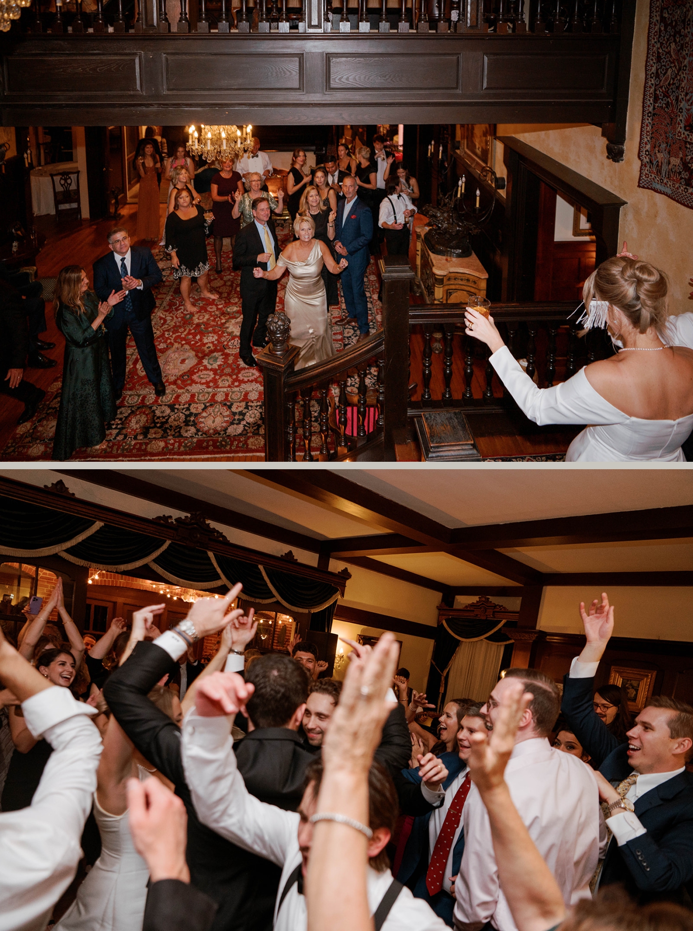 A bride and groom rejoining their wedding reception at Grammercy Mansion