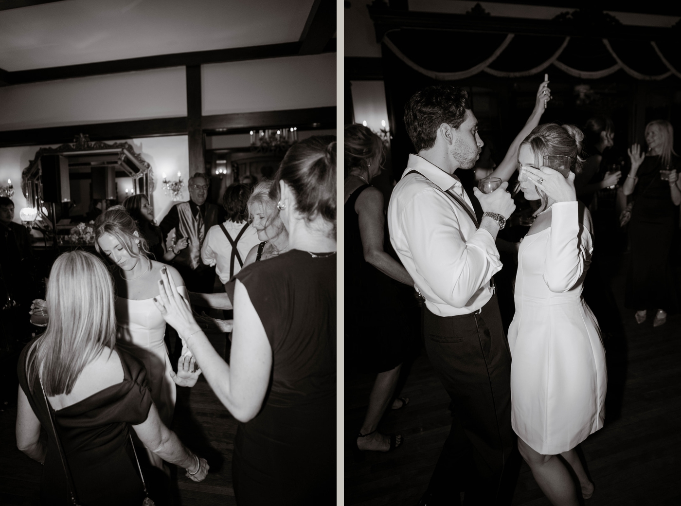 Black and white film photos of a bride and groom dancing