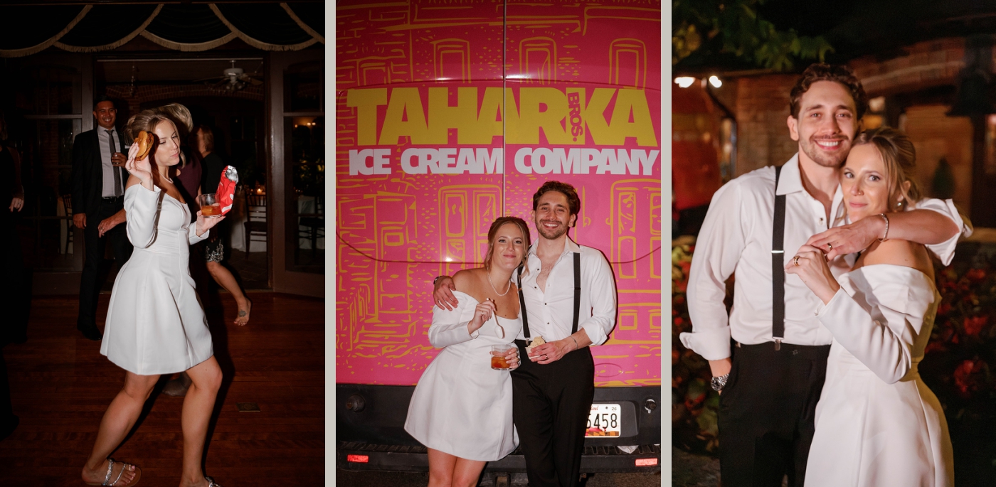 Post-reception portraits of a bride and groom eating Chick-fil-a and getting ice cream