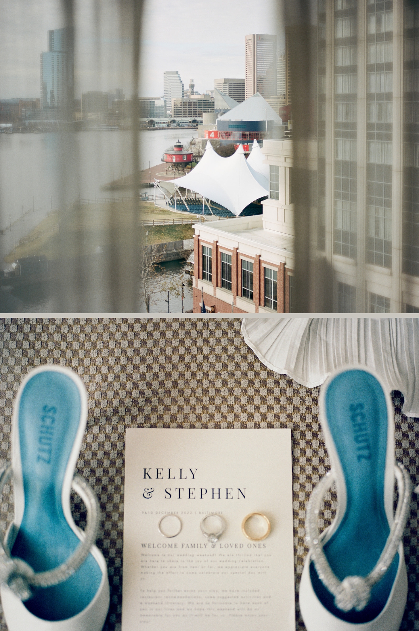 A pair of white heels frames a wedding invitation