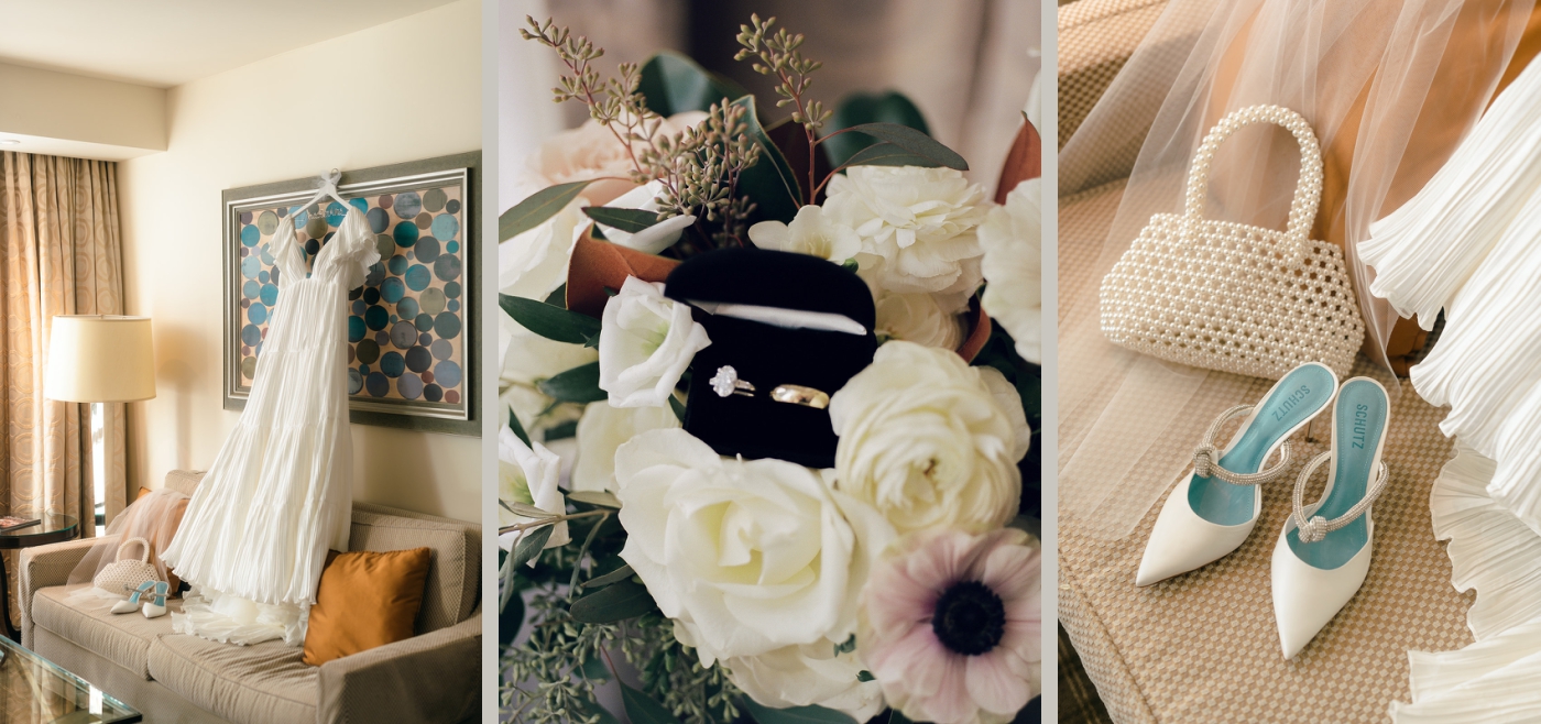 A wedding dress hangs on a hanger in a suite at the Four Seasons Hotel in Baltimore