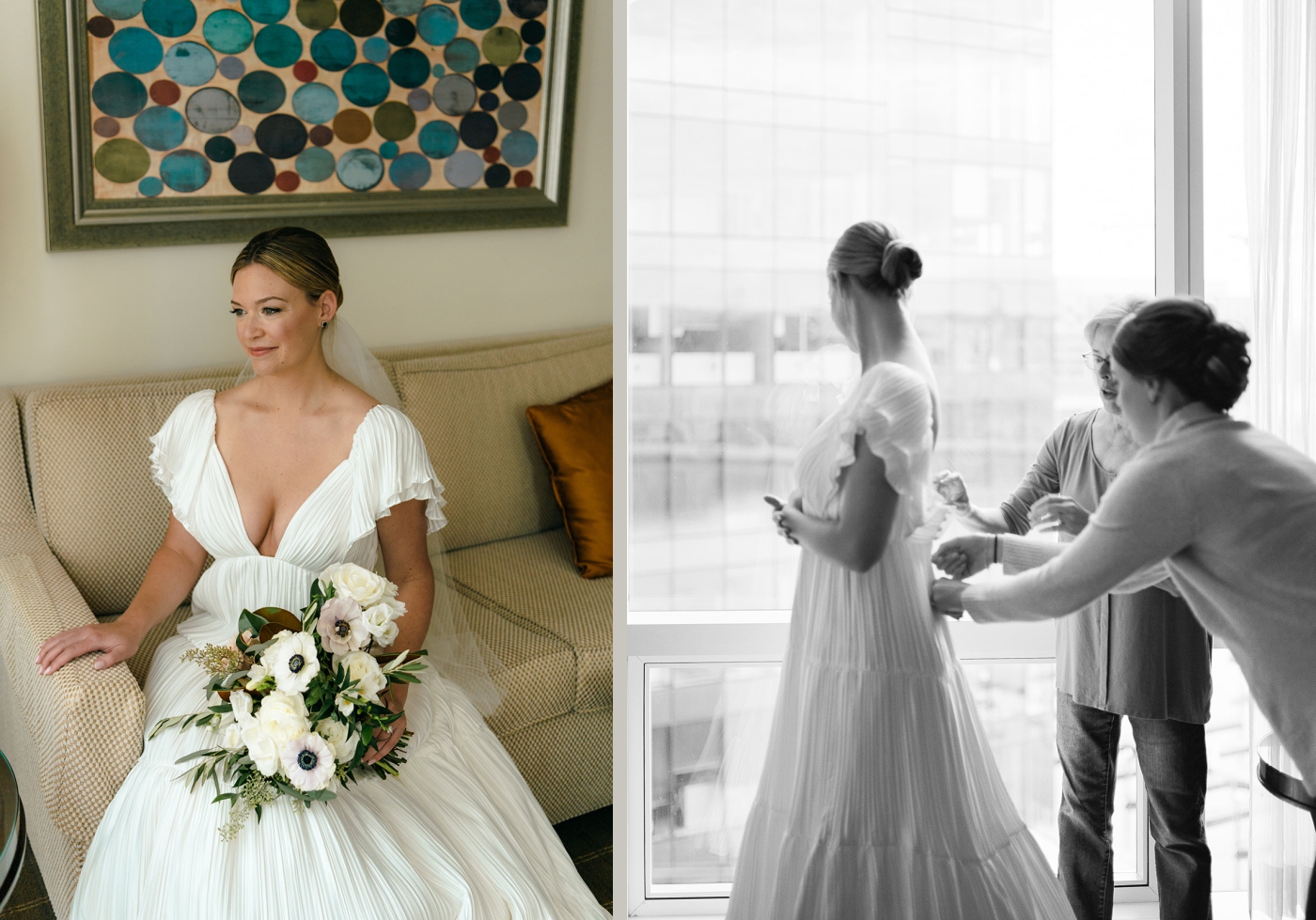 The mother and grandmother of the bride help button the bride's dress