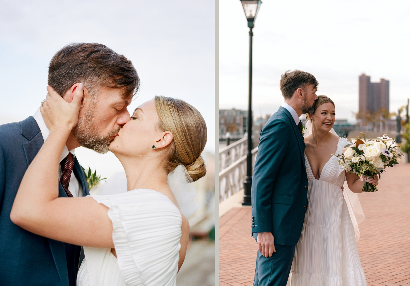 Bride and groom portraits along the water in Baltimore, Maryland