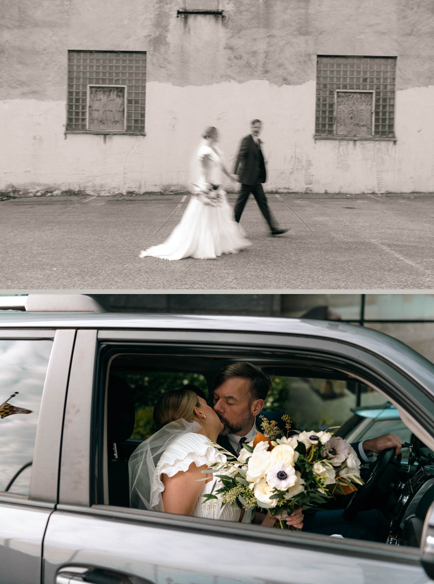 A bride and groom kiss while in the car headed to their wedding ceremony