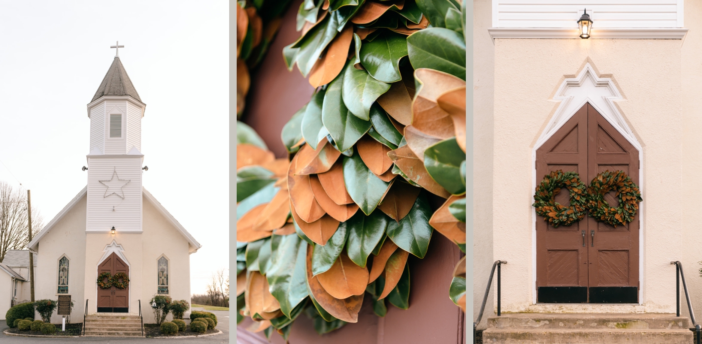 Details of a magnolia-leaf wreath hanging on the door of St. John's Chapel