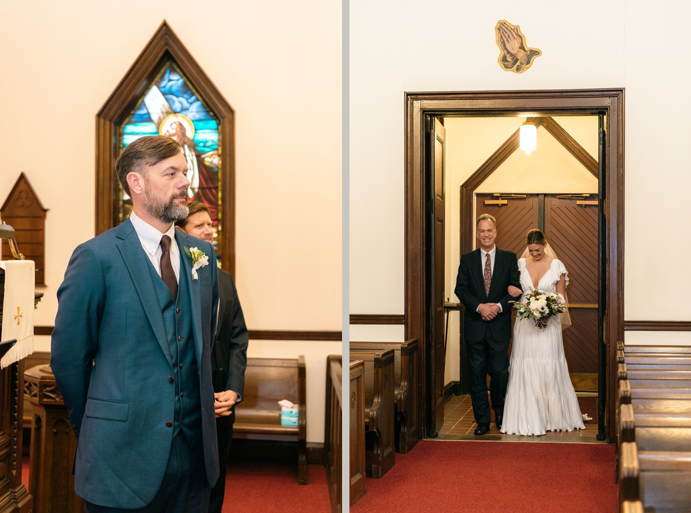 A groom stands at the altar, framed by a stained glass window as the bride walks down the aisle