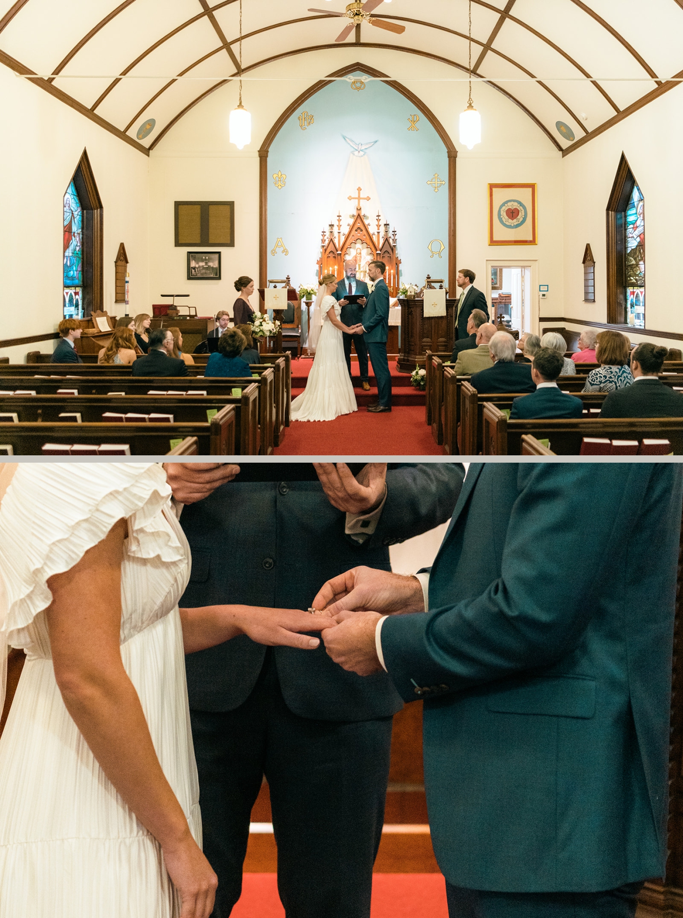 A bride and groom exchange rings during a wedding ceremony in a small chapel