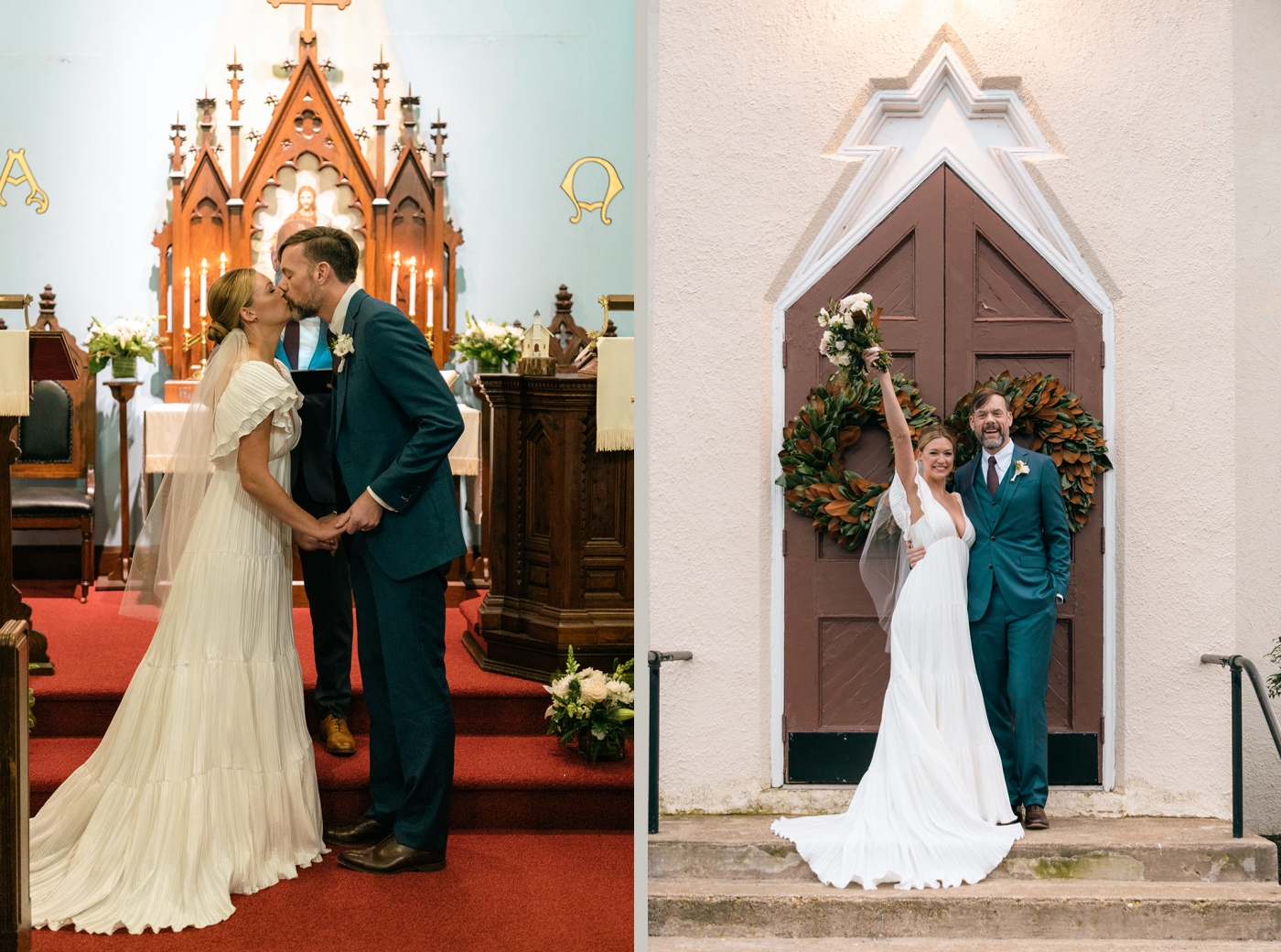 A bride and groom cheer while standing on the steps of St. John's Castle
