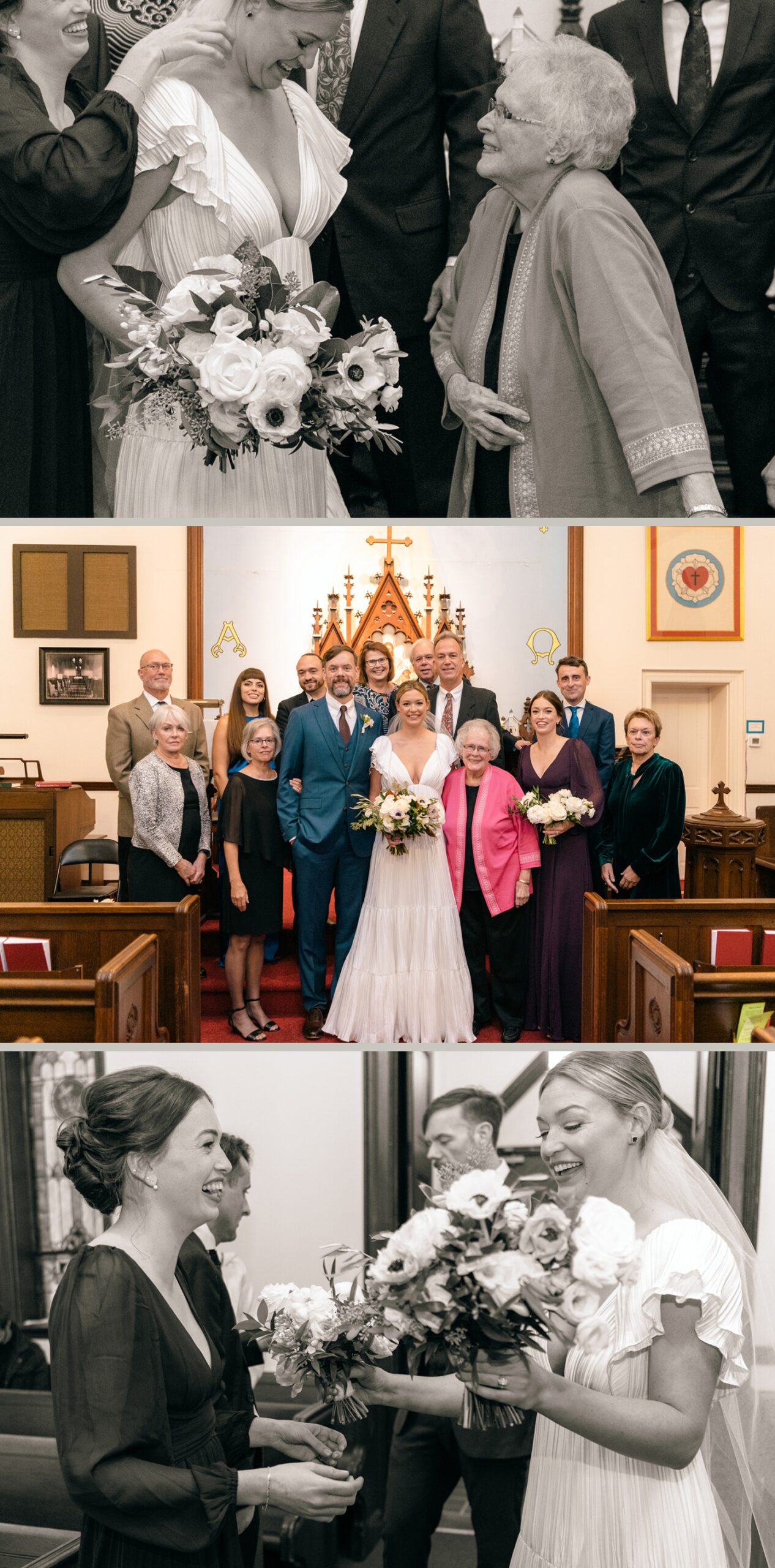 Candid photos of a bride and her sister and grandmother