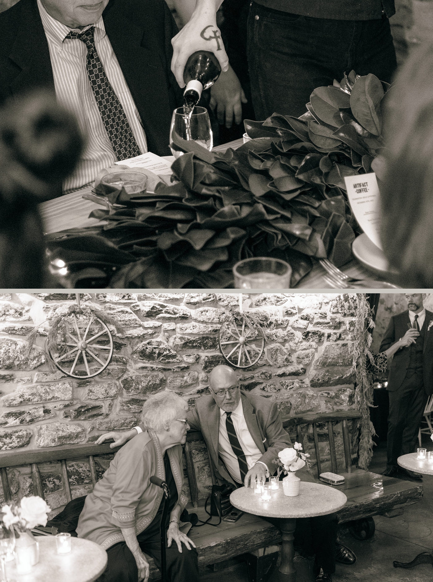 A waiter pours wine as guests sit down for dinner at Artifact Coffee