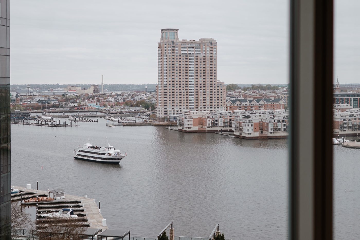 A view of a cruise ship on the inner harbor from a suite at the Harbor Marriott Baltimore