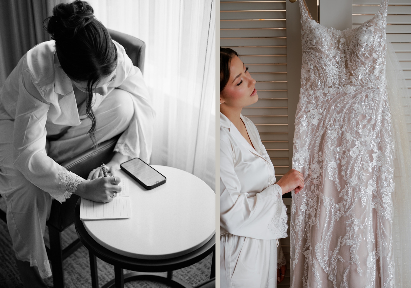 A bride stands beside her wedding dress in white pajamas