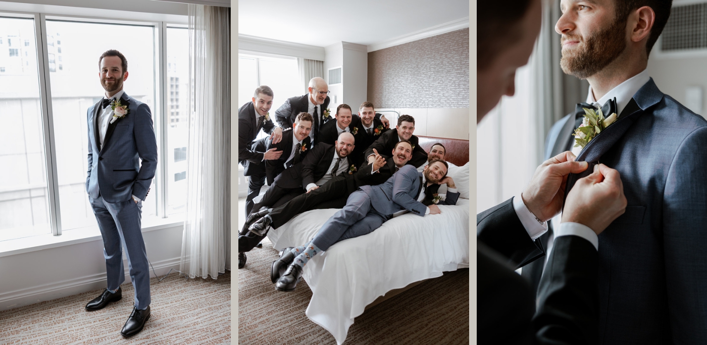 A groom and his groomsmen pile on a hotel bed