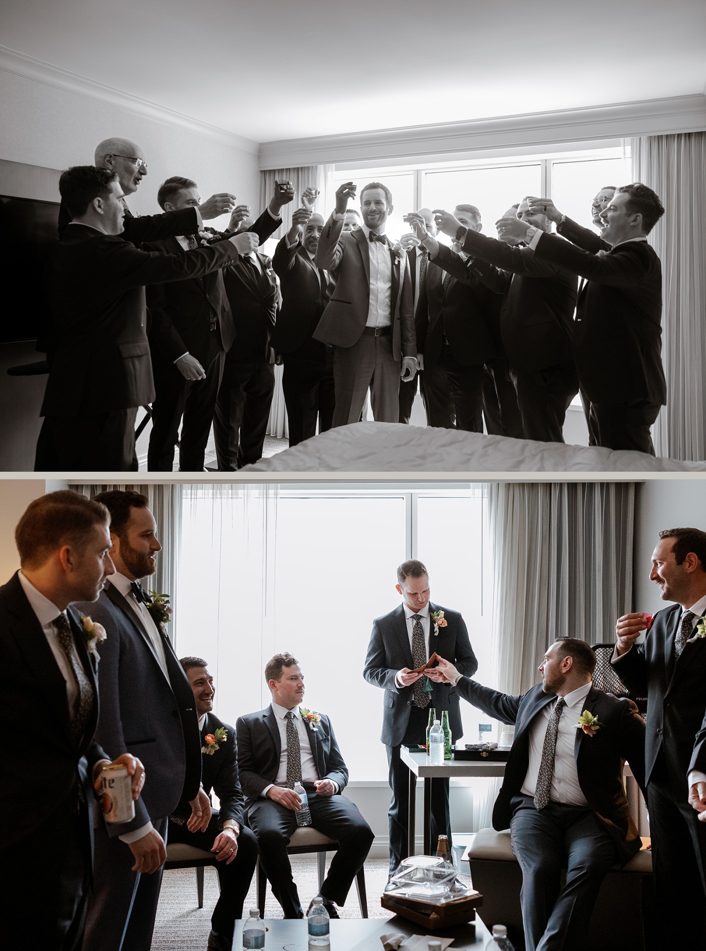 A groom and his groomsmen hold shots above their head while they get ready for a wedding ceremony