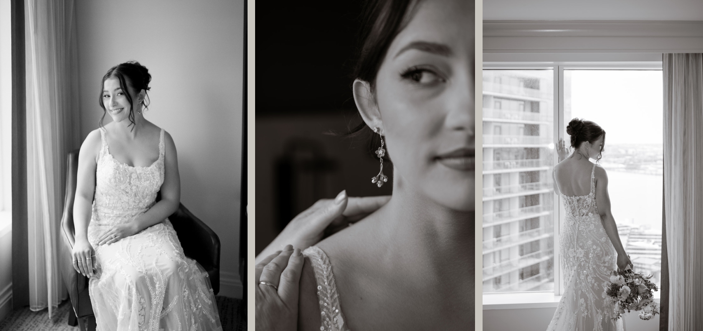 Black and white portriats of a bride outlined by a window overlooking the Inner Harbor in Baltimore