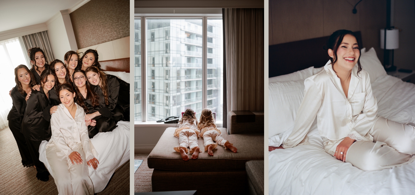 A bride in white silk pajamas sits on a bed while getting ready for her wedding ceremony