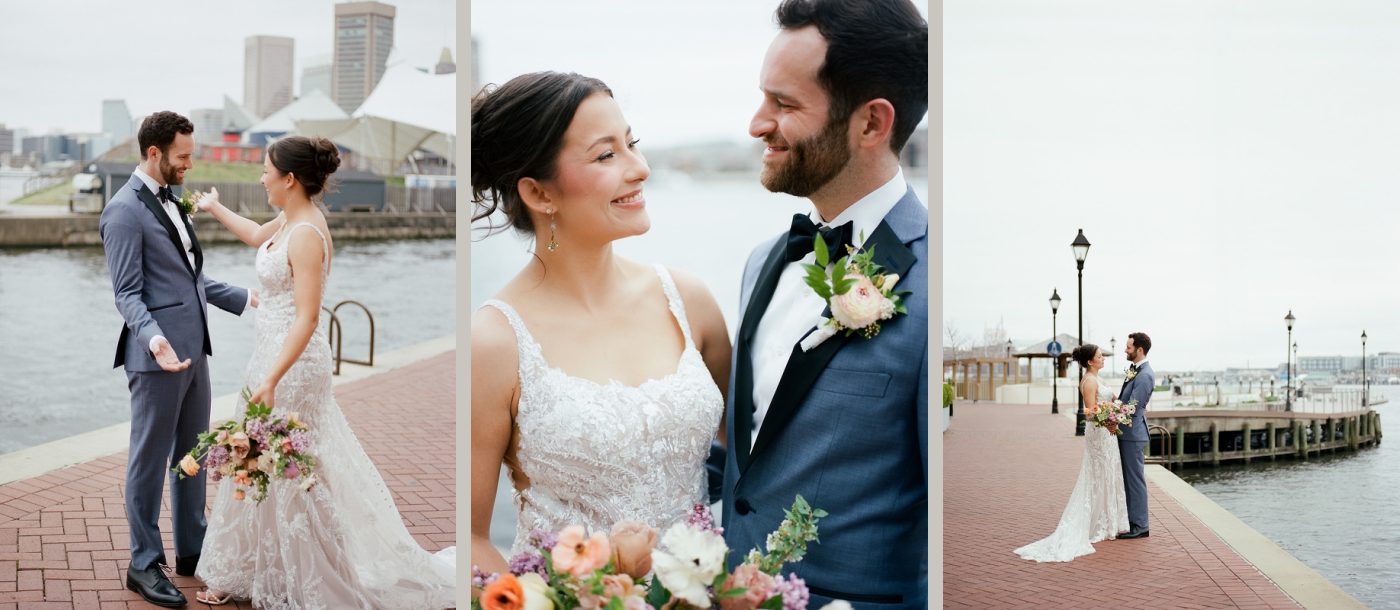 A bride and groom share a first look by the Marina in Baltimore