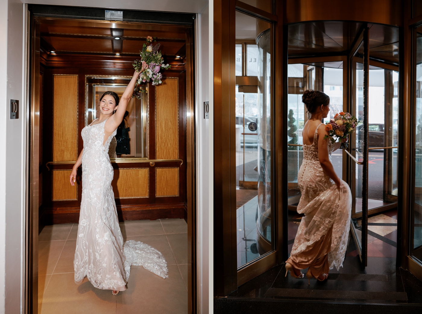 Portraits of a bride in the elevator at Baltimore Marriott Waterfront