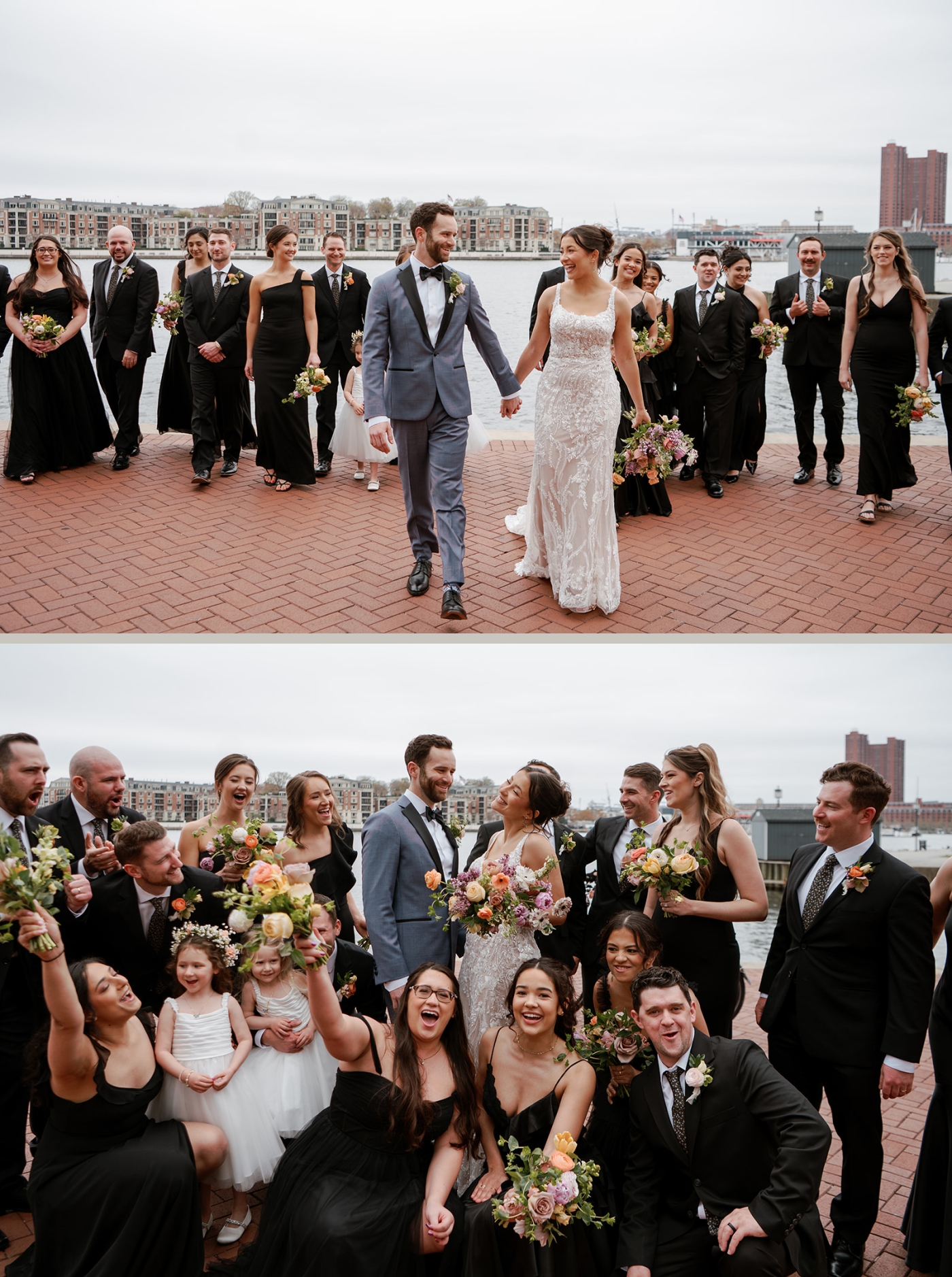 Portraits of a bride and groom with their wedding party outside of the Baltimore Marriott Waterfront hotel