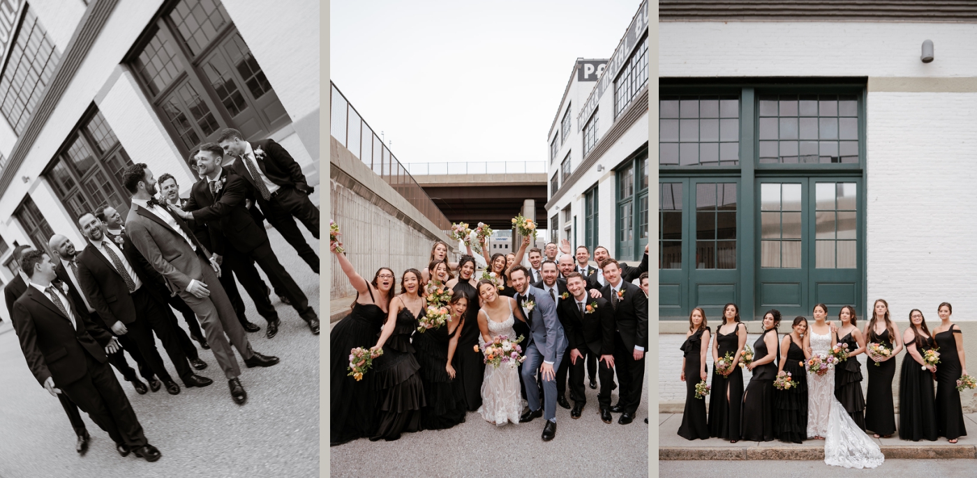 A portrait of a bride in white and her bridesmaids in black silk dresses