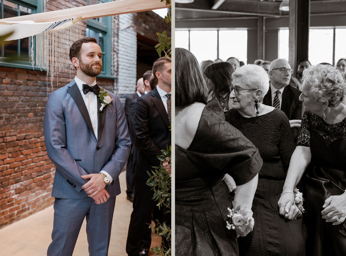 A groom begins to cry as he watches the bride walk down the aisle
