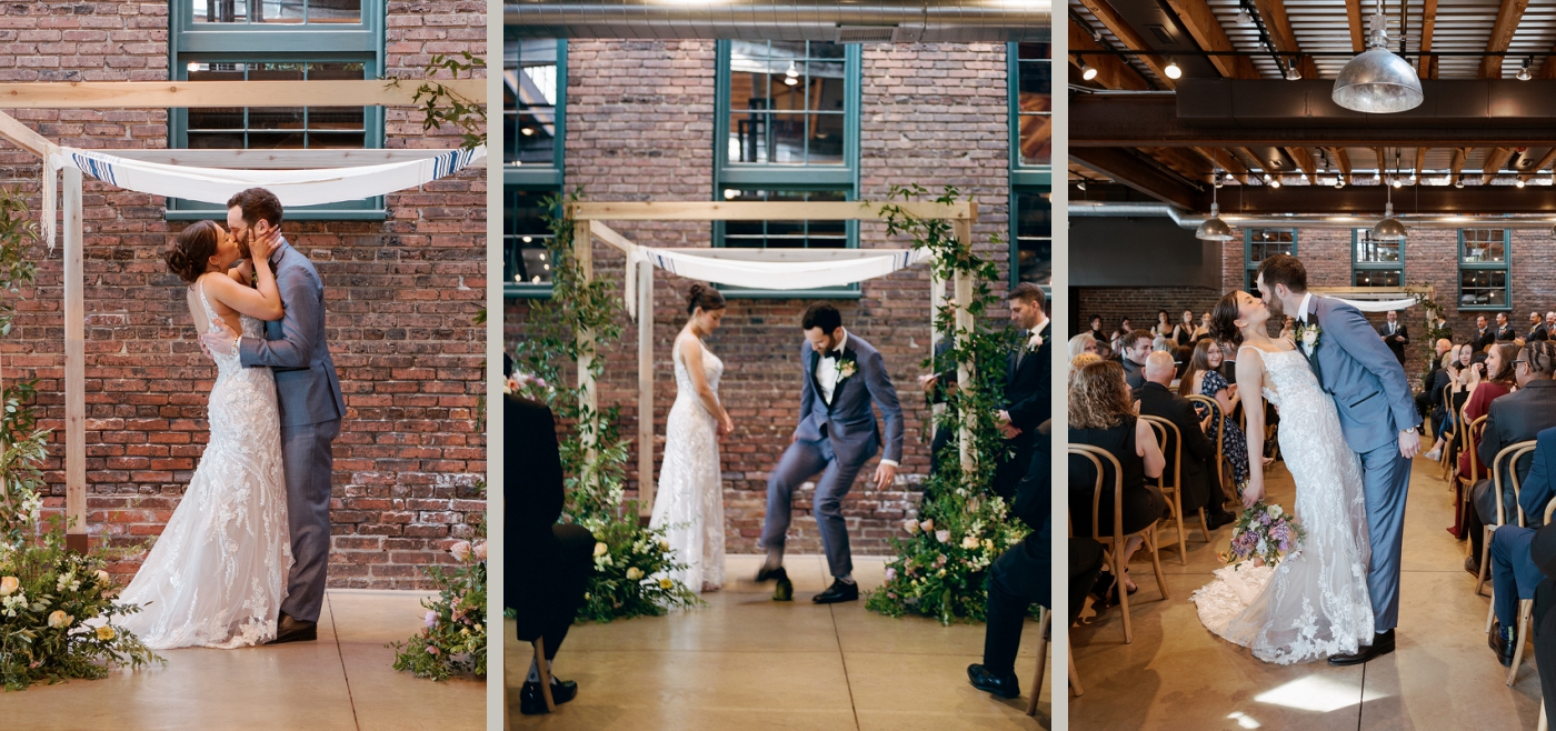 A bride and groom kiss after the groom smashes the glass in their Jewish wedding ceremony