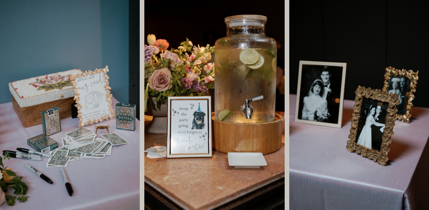 Personal details from a cocktail hour at the Winslow Baltimore, including family wedding photos, custom illustrated signs, and playing cards