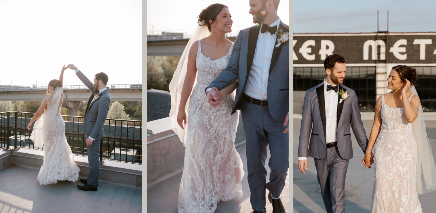 A bride and groom laugh as they admire the Baltimore skyline from the rooftop of the Winslow