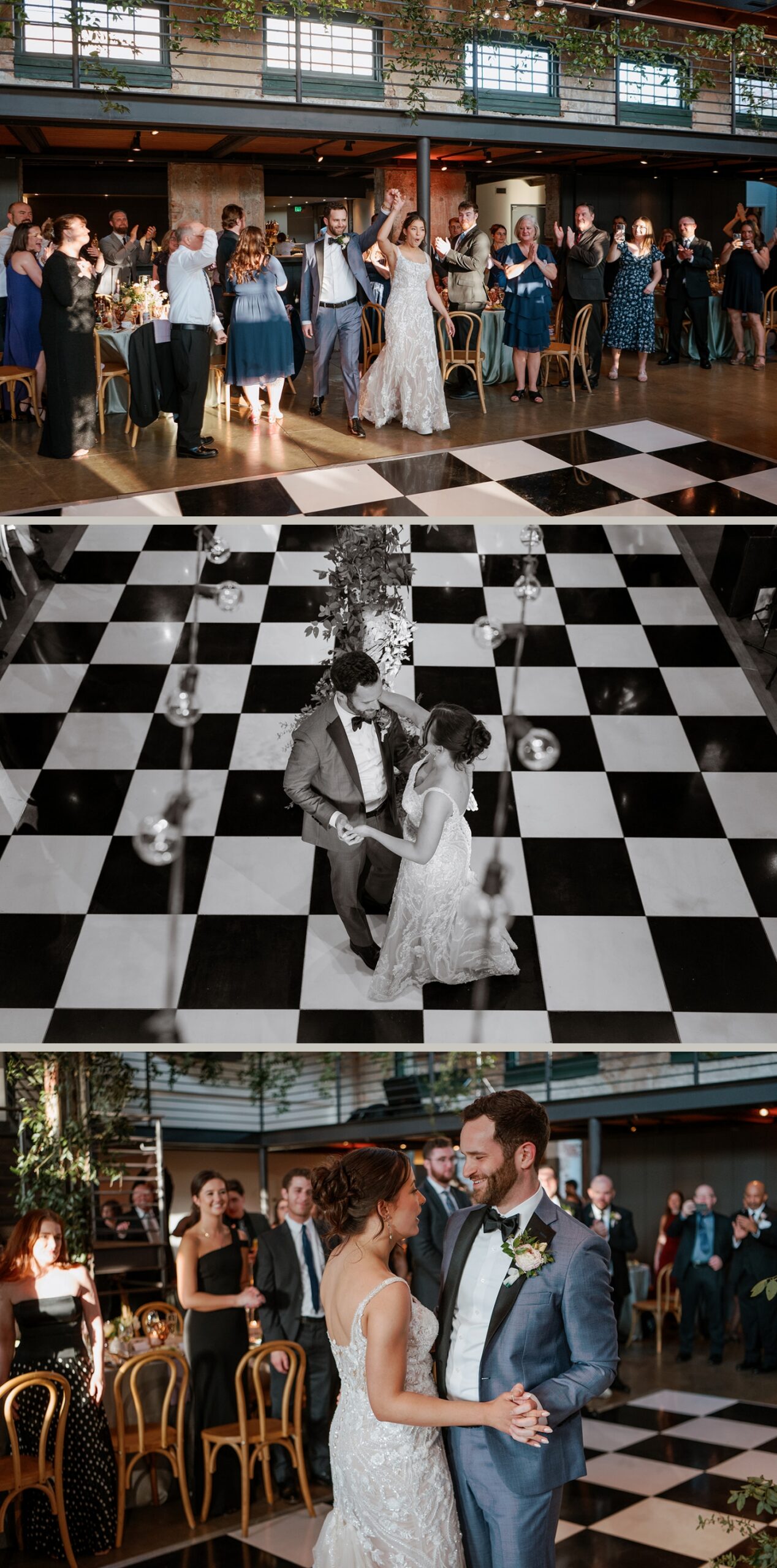 A bride and groom enter their wedding reception at the Winslow Baltimore and begin thier first dance on the black and white dance floor