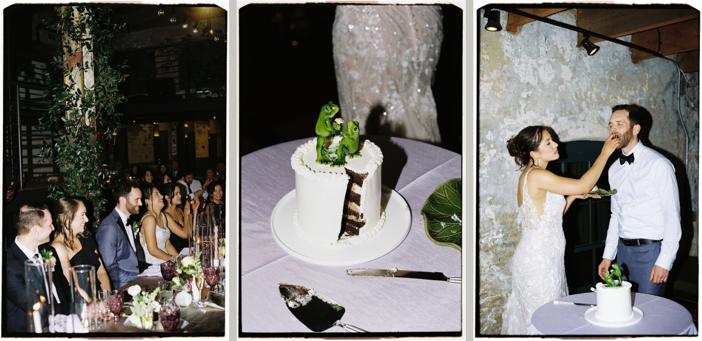 Film pictures of a bride and groom cutting their cake, topped with porcelain frogs