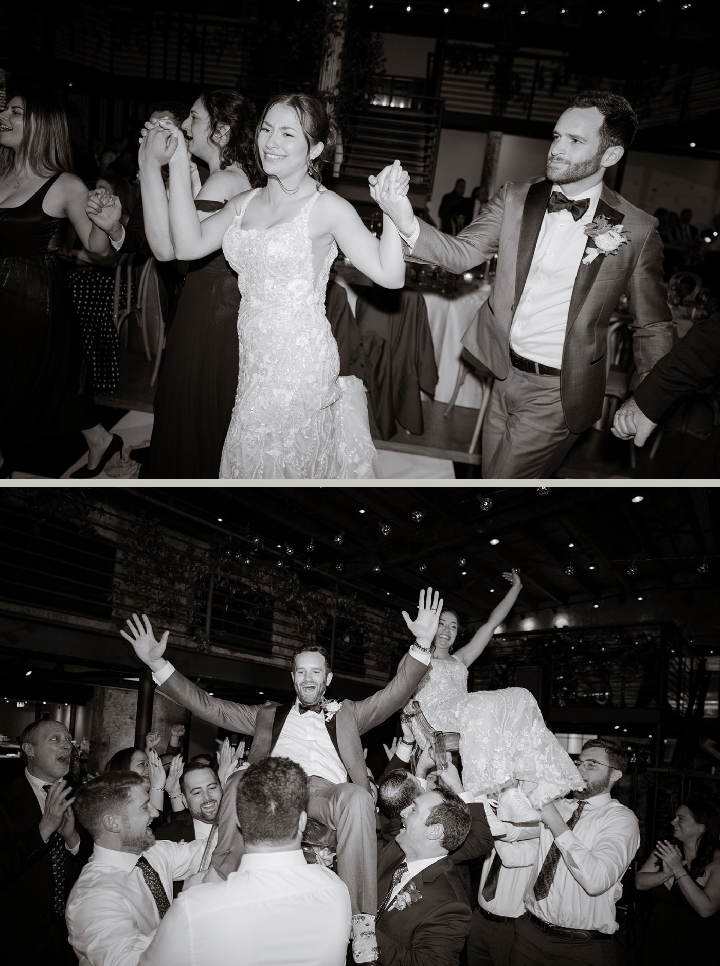 A bride and groom are lifted in chairs during the hora dance