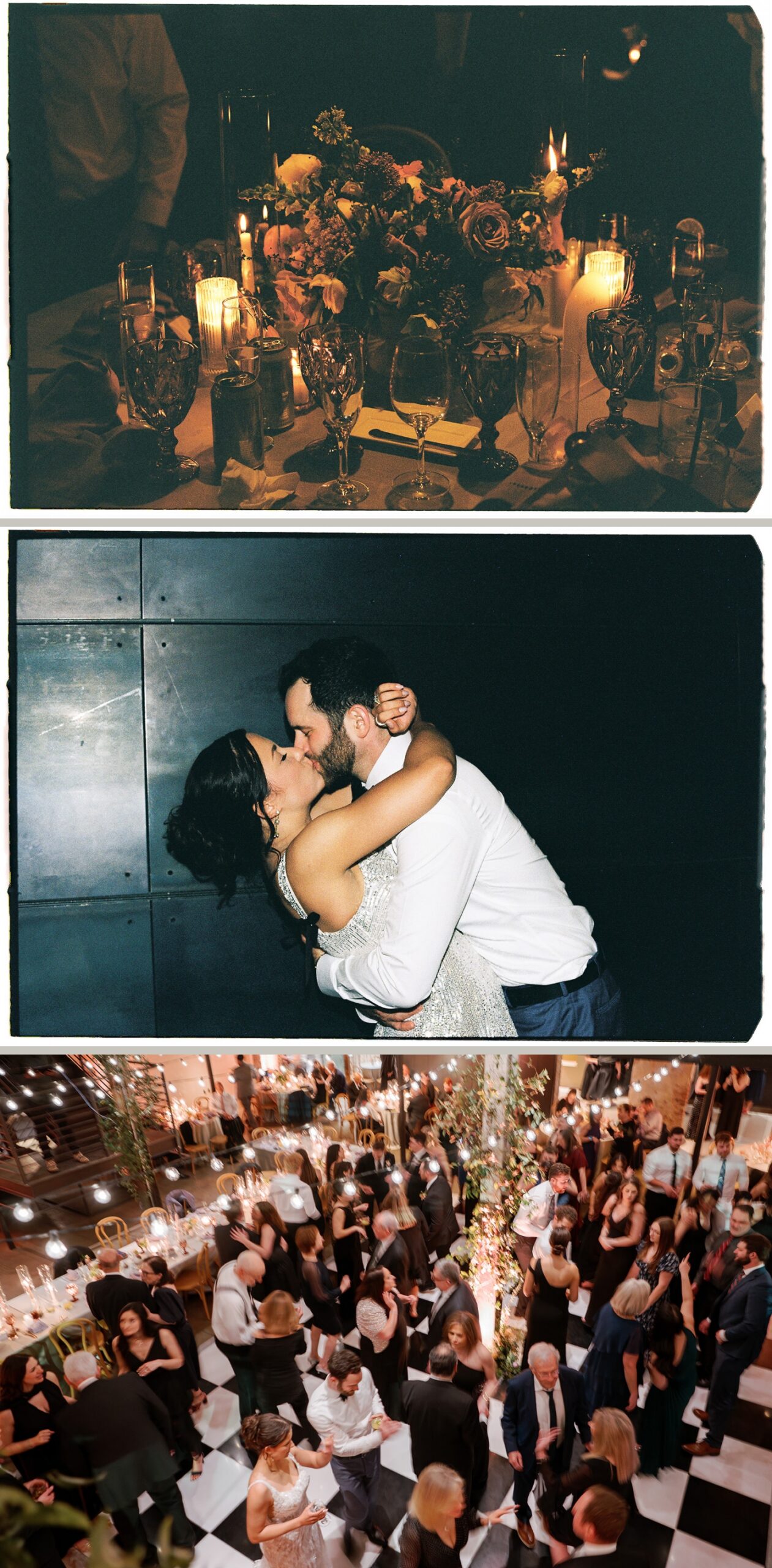 A bride and groom kiss during their wedding reception